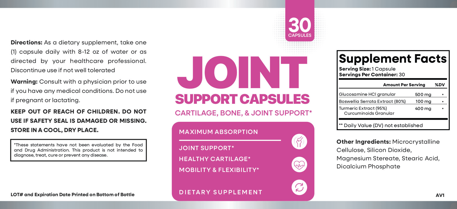 Joint Support Capsules — 1 Bottle supplement facts label